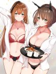  2girls bikini bikini_under_clothes black_bikini blush breasts brown_hair cleavage closed_mouth coffee_mug collarbone commissioner_upload crossover cup food girls_frontline green_eyes hand_in_hair headgear heart_lock_(kantai_collection) holding holding_tray jewelry kantai_collection large_breasts long_hair looking_at_viewer m1903_springfield_(girls_frontline) mug multiple_girls mutsu_(kantai_collection) navel necklace ponytail red_bikini ring shiny shiny_hair shirt short_hair simple_background smile swimsuit tray uiri-na upper_body wedding_band white_background white_shirt 