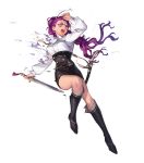  1girl arm_up artist_request bangs boots braid breasts dagger dark_skin facial_mark fire_emblem fire_emblem:_three_houses fire_emblem_heroes full_body highres holding holding_weapon knee_boots leg_up medium_breasts non-web_source official_art one_eye_closed open_mouth petra_mcnairy purple_hair reverse_grip shiny shiny_hair single_braid skirt solo sword tied_hair torn_clothes transparent_background weapon 