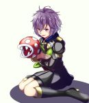  1girl ahoge bernadetta_von_varley blush cravat fire_emblem fire_emblem:_three_houses flower_pot gzo1206 hug mario_(series) open_mouth piranha_plant plant pot purple_hair shadow sharp_teeth short_hair simple_background super_mario_bros. super_smash_bros. teeth uniform venus_flytrap warp_pipe wavy_mouth 