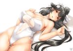  1girl akatsuki_akane ass_visible_through_thighs azur_lane bangs bikini black_hair blush bow breasts brown_eyes casual_one-piece_swimsuit character_name choker cleavage collarbone covered_navel criss-cross_halter flower hair_bow hair_flower hair_ornament halterneck highleg highleg_swimsuit large_breasts long_hair looking_at_viewer lying on_back one-piece_swimsuit parted_lips ponytail saliva shiny shiny_hair simple_background solo strap_gap sweat swimsuit takao_(azur_lane) takao_(beach_rhapsody)_(azur_lane) towel very_long_hair white_background white_bikini white_bow white_choker white_swimsuit 