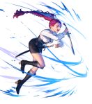  1girl bangs boots braid breasts dark_skin facial_mark fire_emblem fire_emblem:_three_houses fire_emblem_heroes full_body highres knee_boots medium_breasts official_art petra_mcnairy purple_hair shiny shiny_hair side_braid single_braid skirt solo sword tied_hair transparent_background weapon 