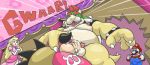  2019 anthro balls belly bodily_fluids bowser bulge clothing crown cum dress erection erection_under_clothing female genital_fluids gloves group handwear hi_res human humanoid_hands koopa male male/male mammal mario mario_and_luigi_(series) mario_bros midbus moobs nintendo nipples overalls overweight overweight_male pastelarcadiaad penis princess_peach scalie sex shirt text topwear video_games 