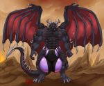  2019 4_toes 5_fingers abs anthro balls biceps big_balls big_muscles biped black_skin bulge claws demon dragon fingers glowing glowing_eyes hi_res horn huge_balls hungothenomster hybrid hyper hyper_balls hyper_bulge hyper_penis looking_at_viewer male membrane_(anatomy) membranous_wings muscular muscular_male muscular_thighs nipples pecs penis smile solo standing tight_underwear toe_claws toes wings 