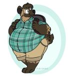  ambiguous_gender anthro backpack belly big_belly brown_fur chub-united clothed clothing eyewear fur glasses hyaenid mammal overweight overweight_ambiguous smile solo spotted_hyena straining_buttons thick_thighs walking 