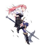  1girl bangs belt blue_legwear boots dress fire_emblem fire_emblem:_three_houses fire_emblem_heroes full_body highres hilda_valentine_goneril knee_boots long_hair official_art pink_hair shiny shiny_hair short_dress sleeves_rolled_up solo sword thighhighs transparent_background twintails weapon zettai_ryouiki 