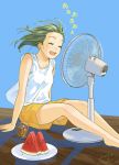  1girl bare_legs blouse breasts closed_eyes dated drink electric_fan fan_speaking food fruit glass green_hair highres medium_hair open_mouth original plate sako_(user_ndpz5754) shorts signature sitting sleeveless small_breasts solo sweat thighs watermelon wooden_floor 