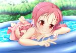  ass barefoot bikini bikini_skirt bug butt_crack butterfly chin_rest ether_core feet_up gochuumon_wa_usagi_desu_ka? highres insect kneeling leaning_forward long_hair low_twintails natsu_megumi outdoors partially_submerged pink_bikini red_eyes red_hair smile soles swimsuit toes twintails wading_pool water 