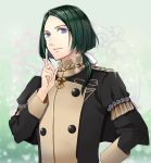  1boy blue_eyes epaulettes fire_emblem fire_emblem:_three_houses flower green_background green_hair linhardt_von_hevring long_hair looking_at_viewer low_ponytail male_focus shimizu_ren solo sparkle uniform 