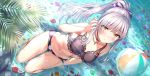  1girl aldehyde ball bang_dream! bangs bare_shoulders barefoot beachball bikini blurry_foreground blush bow breasts choker cleavage commentary_request day grey_hair groin hair_bow hair_ornament hand_up highres jewelry kneeling long_hair looking_at_viewer medium_breasts minato_yukina navel necklace outdoors palm_leaf partially_submerged petals ponytail purple_bikini purple_bow ripples skindentation smile solo stomach sunlight swimsuit water yellow_eyes 