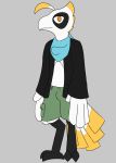  2019 absurd_res anthro avian beak bird bottomwear cargo_shorts clothing feathers hi_res jacket male otterjunk robin_(otterjunk) scarf shorts talons topwear 