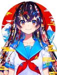  1girl black_hair blue_eyes blue_sailor_collar blush check_copyright circle egasumi eyebrows_visible_through_hair fine_art_parody hair_between_eyes highres kanagawa_okinami_ura long_hair looking_at_viewer mika_pikazo mount_fuji multicolored multicolored_eyes neckerchief original parody red_eyes red_neckwear sailor_collar seigaiha shirt short_sleeves smile solo upper_body white_shirt 