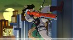  16:9 action_pose anthro black_hair brown_fur city clothed clothing domestic_cat felid felina_feral feline felis female fur gun hair hanna-barbera mammal night one_eye_closed outside pose ranged_weapon solo swat_kats uniform weapon yawg 