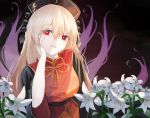  1girl black_background black_dress blonde_hair breasts bright_pupils cacao_devil chinese_clothes commentary_request dress energy eyebrows_visible_through_hair flower fox_tail hair_between_eyes hat head_in_hand head_tilt junko_(touhou) light_particles lily_(flower) long_hair looking_at_viewer medium_breasts multiple_tails parted_lips red_eyes sitting solo tabard tail touhou upper_body very_long_hair 
