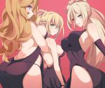  backless_dress backless_outfit blonde_hair blue_eyes breasts commentary cowboy_shot dress elbow_gloves gloves hair_bun iowa_(kantai_collection) kantai_collection large_breasts long_hair mole mole_under_eye mole_under_mouth multiple_girls no_bra panties parted_lips ponytail red_background richelieu_(kantai_collection) salve_(8947279) side_slit smile star star-shaped_pupils symbol-shaped_pupils take_your_pick underwear very_long_hair warspite_(kantai_collection) 
