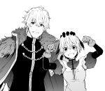  1boy 1girl absurdres blush_stickers brother_and_sister cape fate/grand_order fate_(series) fist_pump fur-trimmed_cape fur_trim gareth_(fate/grand_order) gawain_(fate/extra) greyscale grin hair_flaps highres monochrome petting puffy_sleeves siblings smile tsukamoto_minori white_background 