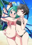  /\/\/\ 2girls ahoge animal_ears arms_up bandeau bare_arms bare_shoulders beach belly_grab bikini black_bikini black_hair blue_sky blue_wings blurry blurry_background blush bound bound_arms breasts cloud commentary_request cowboy_shot day front-tie_bikini front-tie_top green_eyes green_hair hand_up highres houjuu_nue kasodani_kyouko looking_at_viewer multiple_girls namauni navel no_nose nose_blush o3o ocean one_eye_closed open_mouth outdoors palm_tree pink_bikini plump pointy_ears red_eyes short_hair side-tie_bikini sky small_breasts standing stomach sweat swimsuit thick_eyebrows thighs touhou tree w wings 