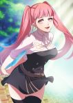  1girl bangs belt blunt_bangs colored_eyelashes cravat fire_emblem fire_emblem:_three_houses highres hilda_valentine_goneril kokouno_oyazi long_hair long_sleeves looking_at_viewer open_mouth pink_eyes pink_hair shirt simple_background smile solo twintails uniform 