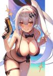  1girl :p bangs bare_shoulders beach bikini black_bikini blush bow bowtie breasts bunny_hair_ornament cleavage cloud cloudy_sky collarbone commentary_request cowboy_shot crescent crescent_earrings dakunesu detached_collar earrings ears eyebrows_visible_through_hair five-seven_(girls_frontline) five-seven_(gun) front-tie_bikini front-tie_top girls_frontline gun hair_between_eyes hair_ornament handgun high_ponytail highleg highleg_bikini highres holding holding_gun holding_weapon jewelry large_breasts long_hair looking_at_viewer navel ocean outdoors ponytail ribbon side-tie_bikini side-tie_bottom sidelocks silver_hair sky smile solo sparkle swimsuit thigh_ribbon thigh_strap tongue tongue_out v very_long_hair weapon wet wet_clothes wet_swimsuit yellow_eyes 