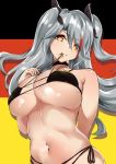  1girl absurdres alternate_costume anchor_symbol arm_behind_back azur_lane bangs bare_shoulders bikini black_background black_choker black_ribbon breasts choker cleavage closed_mouth covered_nipples eyebrows_visible_through_hair flag_print floating_hair from_below german_flag german_flag_bikini hair_between_eyes hair_ribbon hand_on_own_chest hand_up head_tilt highres large_breasts long_hair looking_at_viewer mouth_hold multicolored_hair navel noazzark prinz_eugen_(azur_lane) prinz_eugen_(unfading_smile)_(azur_lane) red_background red_hair ribbon shiny shiny_hair shiny_skin side-tie_bikini silver_hair skindentation smile solo standing streaked_hair string_bikini swimsuit two_side_up underboob upper_body yellow_background 