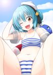  1girl 1other bikini black_ribbon blue_hair blue_sky cloud commentary_request dixie_cup_hat double_bun fang flat_chest from_below hat ichimi kantai_collection little_blue_whale_(kantai_collection) looking_at_viewer military_hat navel navy_cross one_eye_closed open_mouth ribbon samuel_b._roberts_(kantai_collection) short_hair sky smile spread_legs striped striped_bikini swimsuit whale white_headwear yellow_eyes 