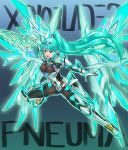  1girl armor ass bangs boots breasts elbow_gloves gem gloves gradient gradient_background green_background green_eyes green_hair hair_ornament headpiece highres jewelry legs long_hair looking_at_viewer mechanical_wings open_mouth pneuma_(xenoblade_2) shoulder_armor simple_background skindentation solo spoilers swept_bangs thighs tiara very_long_hair wings xenoblade_(series) xenoblade_2 yuuuun0218 