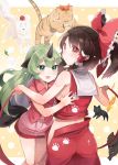  2girls :d ass bangs bare_arms bare_shoulders black_hair blush border bow brooch cat commentary_request cowboy_shot eyebrows_visible_through_hair frilled_bow frills from_behind green_eyes green_hair hair_bow hair_ornament hair_tubes hakurei_reimu hat horn imaizumi_kagerou_(wolf) inubashiri_momiji inubashiri_momiji_(wolf) jewelry kaenbyou_rin kaenbyou_rin_(cat) komano_aun long_hair looking_at_viewer looking_back midriff miniskirt multiple_girls navel open_mouth outside_border paw_print pink_skirt ponytail red_bow red_eyes red_ribbon red_shirt red_skirt ribbon shin_(new) shirt sidelocks skirt sleeveless sleeveless_shirt smile standing thighs tiger tokin_hat toramaru_shou toramaru_shou_(tiger) touhou very_long_hair white_border wily_beast_and_weakest_creature wolf yellow_background 