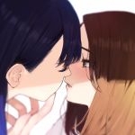 2girls aikawa_ren bangs blue_hair blush brown_eyes brown_hair close-up closed_eyes face from_side highres imminent_kiss long_hair miru_tights multiple_girls nakabeni_yua open_mouth profile simple_background white_background yomu_(sgt_epper) yuri 