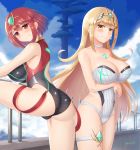  2girls absurdres ahoge ass bare_shoulders blonde_hair blush breasts cameltoe competition_swimsuit from_behind highres hikari_(xenoblade_2) homura_(xenoblade_2) large_breasts long_hair looking_at_viewer looking_back multiple_girls one-piece_swimsuit red_eyes red_hair shiny shiny_clothes shiny_hair shiny_skin short_hair sideboob smile swimsuit thigh_strap tiara very_long_hair xenoblade_(series) xenoblade_2 yanows yellow_eyes 