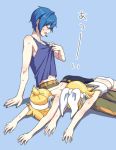  1girl 2boys akiyoshi_(tama-pete) arm_support arms_up belt blonde_hair blue_background blue_hair blue_shirt bow closed_eyes hair_bow headphones headset holding_shirt hot kagamine_len kagamine_rin kaito lying lying_on_person microphone multiple_boys on_stomach pants ponytail sailor_collar shirt shirtless short_hair short_ponytail shorts spiked_hair sweat tank_top translated vocaloid white_bow 