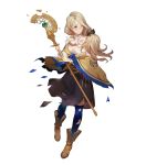  1girl blonde_hair blue_eyes blue_legwear boots bow capelet dress fire_emblem fire_emblem:_three_houses fire_emblem_heroes full_body hair_bow highres long_hair long_sleeves mercedes_von_marltritz official_art shiny shiny_hair short_dress solo thighhighs tied_hair zettai_ryouiki 