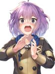  1girl ahoge bernadetta_von_varley blush breasts crying crying_with_eyes_open fire_emblem fire_emblem:_three_houses hands_up highres looking_at_viewer open_mouth panda_inu purple_eyes purple_hair short_hair simple_background small_breasts solo tears uniform upper_body 