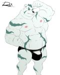  2019 abs anthro bernard_(gyee) biceps biped black_nose bulge clothed clothing fur gyee hi_res male mammal muscular muscular_male navel nipples pecs reclamon simple_background solo speedo striped_fur stripes swimwear topless ursid white_background white_fur 