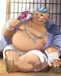  2019 anthro belly blue_hair blush bodily_fluids brown_fur clothing facial_hair fan_(disambiguation) fur gouryou hair humanoid_hands isuckusuck male mammal mohawk_(hairstyle) moobs nipples overweight overweight_male robe simple_background sitting slightly_chubby solo suid suina sus_(pig) sweat tokyo_afterschool_summoners tongue tongue_out video_games wild_boar 