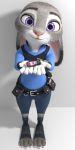  2019 3d_(artwork) anthro clothing digital_media_(artwork) disney eyebrows eyelashes female fingers fur grey_fur hi_res holding_object judy_hopps lagomorph leporid long_ears looking_at_viewer mammal melo multicolored_ears multicolored_fur pink_nose purple_eyes rabbit simple_background smile solo standing toes uniform white_fur zootopia 