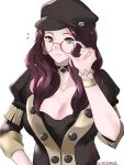  1girl blush breasts brown_hair choker cleavage dorothea_arnault fire_emblem fire_emblem:_three_houses glasses green_eyes hat highres jewelry large_breasts long_hair looking_at_viewer simple_background smile solo the_kingduke uniform upper_body 