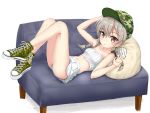  1girl arm_up bandeau bangs baseball_cap blush braid breasts brown_eyes brown_hair camouflage_footwear camouflage_hat closed_mouth collarbone commentary_request couch eyebrows_visible_through_hair flipper girls_und_panzer hair_between_eyes hand_up hat knees_up long_hair lying on_back on_couch panties pillow pleated_skirt shimada_arisu shoes sidelocks skirt small_breasts smile solo striped striped_panties twin_braids twintails underwear white_background white_bandeau white_skirt 