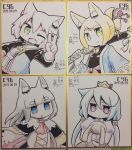  4girls 7th_dragon 7th_dragon_(series) ;d animal_ear_fluff animal_ears bangs bell belt belt_buckle black_bodysuit black_capelet blonde_hair blue_hair blue_jacket blunt_bangs bodysuit breasts buckle capelet cat_ears closed_mouth commentary_request crown dated eyebrows_visible_through_hair fang fox_ears gloves green_eyes grey_hair hair_between_eyes hair_bobbles hair_ornament harukara_(7th_dragon) highres holding holding_sword holding_weapon ikurakun_(7th_dragon) jacket jingle_bell juliet_sleeves katana long_hair long_sleeves low_twintails mini_crown momomeno_(7th_dragon) multiple_girls naga_u namuna_(7th_dragon) object_hug one_eye_closed one_side_up open_clothes open_mouth parted_lips photo pink_hair puffy_long_sleeves puffy_sleeves purple_eyes purple_shirt red_gloves samurai_(7th_dragon_series) sheath sheathed shirt short_eyebrows signature small_breasts smile stuffed_animal stuffed_bunny stuffed_toy sword thick_eyebrows traditional_media twintails v very_long_hair weapon white_belt white_shirt wide_sleeves 