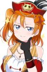  1girl absurdres bangs birthday black_gloves blue_eyes breasts cleavage commentary_request gloves hat highres jewelry kousaka_honoka looking_at_viewer love_live! love_live!_school_idol_project medium_breasts necklace one_side_up orange_hair pirate pirate_costume pirate_hat short_hair smirk solo upper_body wewe 