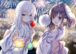  2girls :&lt; :d aerial_fireworks ahoge akatsuki_(kantai_collection) aruka_(alka_p1) back_bow bangs blurry blurry_background blush bow candy_apple closed_mouth commentary_request cotton_candy depth_of_field dutch_angle eyebrows_visible_through_hair fireworks floral_print food fox_mask hair_between_eyes hibiki_(kantai_collection) holding holding_food japanese_clothes kantai_collection kimono long_hair long_sleeves looking_at_viewer mask mask_on_head multiple_girls night night_sky open_mouth outdoors pink_bow print_kimono purple_eyes purple_hair senkou_hanabi sky smile sparkler verniy_(kantai_collection) very_long_hair white_hair white_kimono wide_sleeves yukata 