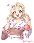  1girl blonde_hair blush commentary_request ebifurya floral_print green_eyes hairband highres holding i-504_(kantai_collection) japanese_clothes kantai_collection kimono looking_at_viewer luigi_torelli_(kantai_collection) open_mouth sash short_hair simple_background smile solo standing twitter_username water_yoyo white_background white_hairband yukata 
