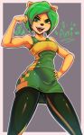  2019 ami_bandicoot anthro bandicoot biceps black_nose breasts clothed clothing crash_bandicoot_(series) digital_media_(artwork) dress english_text eyeshadow female flexing fur green_clothing green_dress green_eyes green_hair grey_background hair hand_on hi_res invalid_tag leggings legwear lipstick looking_at_viewer makeup mammal marsupial naughty_dog open_mouth portrait pose short_hair simple_background smile solo sony_corporation sony_interactive_entertainment standing text toastyscones video_games 
