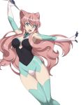  1girl absurdres arm_up bodysuit breasts chuunioniika commentary covered_navel elbow_gloves gloves green_eyes half_updo highres holding holding_weapon large_breasts long_hair maria_cadenzavna_eve open_mouth outstretched_arm pink_hair senki_zesshou_symphogear skin_tight solo symphogear_pendant thigh_gap thighhighs transparent_background undersuit very_long_hair weapon 