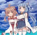  2girls :d ahoge animal_ears asashio_(azur_lane) azur_lane bangs bare_shoulders bell blue_eyes blue_hair blue_hakama blue_ribbon blue_sailor_collar blue_sky blunt_bangs braid breasts brown_eyes brown_hair cat_ears cat_girl closed_mouth collarbone commentary_request crop_top day frilled_skirt frills hair_intakes hair_ribbon hakama hakama_skirt japanese_clothes jingle_bell large_breasts long_hair long_sleeves looking_at_another looking_to_the_side michishio_(azur_lane) multiple_girls neck_bell neck_ribbon one_side_up open_mouth outdoors pleated_skirt ponytail red_hakama red_ribbon red_sailor_collar ribbon ribbon-trimmed_legwear ribbon_trim sailor_collar sameya_(ara7569) short_hair skirt sky small_breasts smile thighhighs two_side_up underboob white_legwear wide_sleeves 