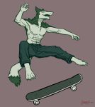  abs anthro clothed clothing fur greasymojo hi_res male open_mouth sergal simple_background skateboard smile solo topless 