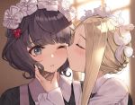  2girls ;t abigail_williams_(fate/grand_order) bangs black_dress black_hair blonde_hair blurry blurry_background blush braid butterfly_hair_ornament cheek_kiss closed_eyes closed_mouth collared_dress depth_of_field dress eto_(nistavilo2) eyebrows_visible_through_hair fate/grand_order fate_(series) hair_ornament heroic_spirit_chaldea_park_outfit indoors katsushika_hokusai_(fate/grand_order) kiss long_hair multiple_girls one_eye_closed profile short_hair sidelocks upper_body yuri 