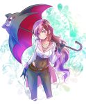  1girl belt belt_buckle breasts brown_eyes brown_hair buckle gloves heterochromia highres iesupa leotard multicolored_hair neo_(rwby) pants pink_eyes pink_hair rwby solo umbrella 