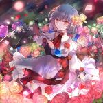  1girl bangs blue_flower blue_hair blue_rose closed_eyes collarbone commentary_request dress eyebrows_visible_through_hair falling_petals flower frilled_dress frills holding holding_flower kazu_(muchuukai) light_smile long_sleeves looking_at_viewer neck_ribbon no_headwear puffy_long_sleeves puffy_sleeves purple_flower purple_rose red_eyes red_flower red_neckwear red_rose remilia_scarlet ribbon rose sash short_hair smile solo standing touhou white_dress yellow_flower yellow_rose 