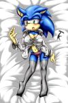  2015 anthro bed big_breasts blue_fur breasts breathing camel_toe clothed clothing crossgender digital_media_(artwork) eulipotyphlan female footwear fur green_eyes hedgehog hi_res legwear mammal mtf_crossgender navel open_mouth panties shirt shoes skimpy solo sonic_(series) sonic_the_hedgehog stockings tailzkim tan_fur teeth tongue topwear underwear video_games 