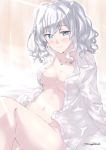 1girl blue_eyes blush bottomless breasts commentary_request curly_hair dress_shirt kantai_collection kashima_(kantai_collection) looking_at_viewer medium_breasts mikage_takashi navel no_hat no_headwear open_clothes open_shirt shirt silver_hair smile solo two_side_up 