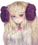  1girl absurdres blonde_hair blue_eyes breasts eyebrows_visible_through_hair heterochromia highres horns long_hair looking_at_viewer open_mouth original purple_eyes sheep_horns simple_background solo sweater torieto twintails white_background 
